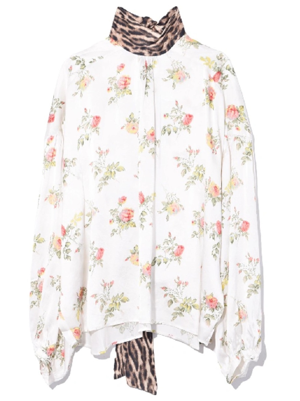 R13 100% Silk Neck Tie Blouse In Ivory Floral With Leopard Sz Medium
